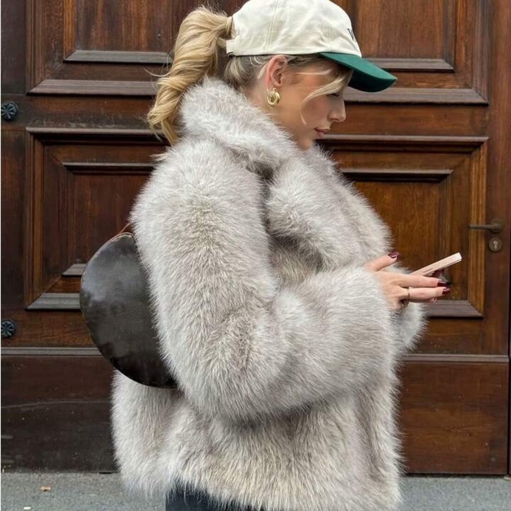 Women's cream gray Faux Fur throw tone women Jacket shaggy feather coat